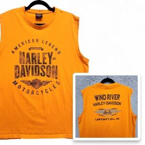 Harley Davidson Sleeveless Shirt‎ Men XL (Fits as Medium) Orange Wind River OK